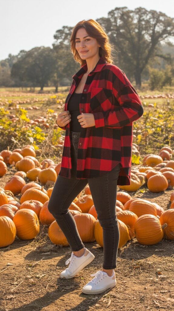 28 Sporty and Stylish Casual Fall Outfits for Women with Sneakers 10 Plaid Shirt Jacket Over Everything