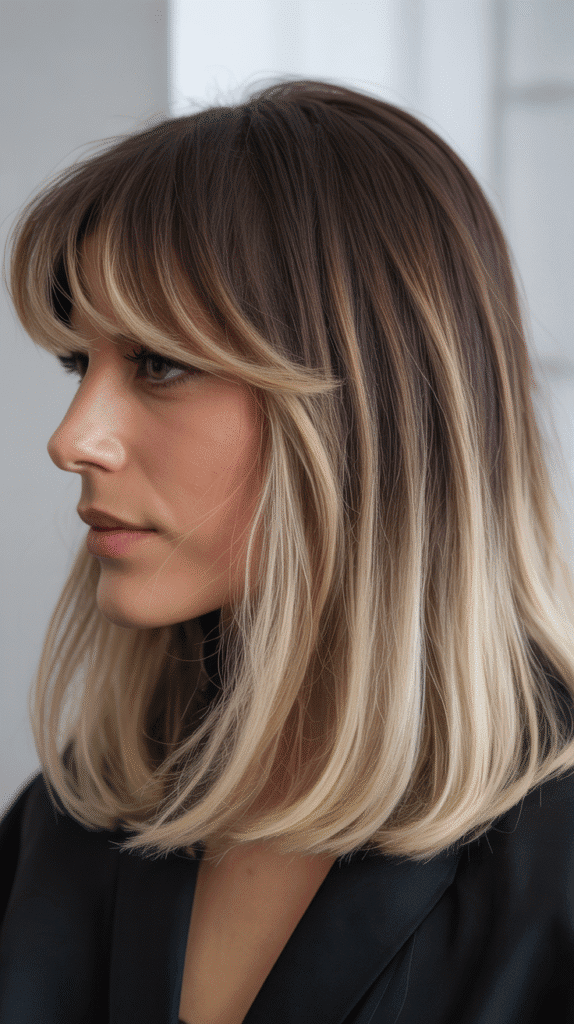 30 Stunning Long Bob with Curtain Bangs Ideas 24 Long Bob with Curtain Bangs and Root Shadow