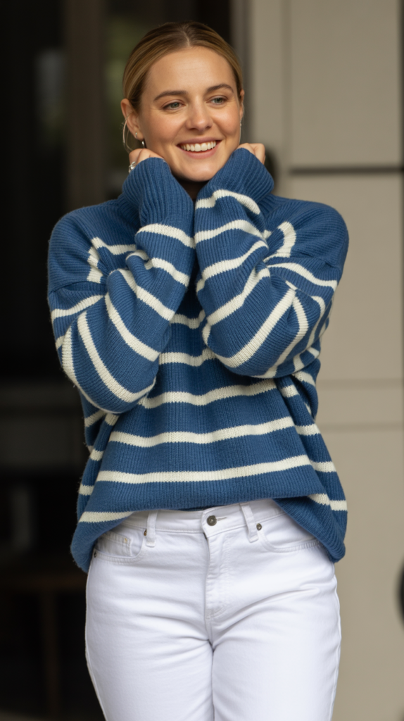 White Jeans with Navy Striped Sweater