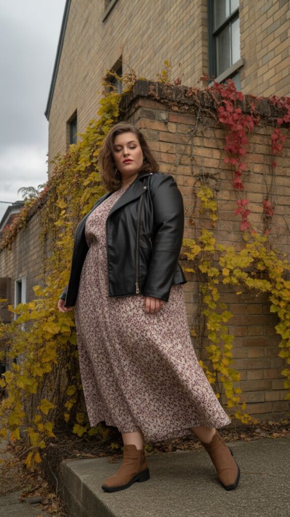 27 Flattering Casual Fall Outfits for Plus-Size Women 15 Leather Jacket with Midi Dress