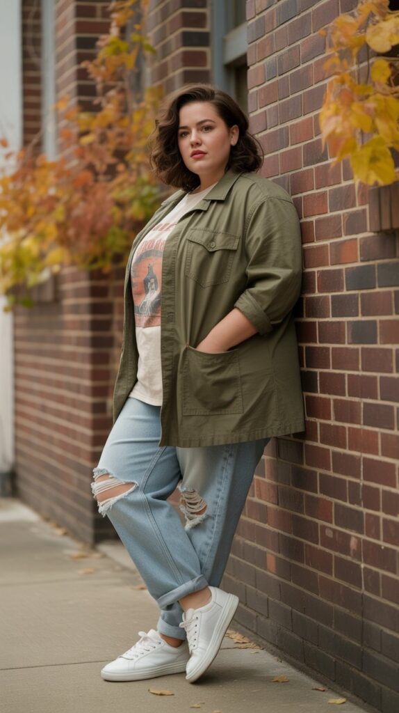 27 Flattering Casual Fall Outfits for Plus-Size Women 9 Utility Jacket with Graphic Tee and Jeans