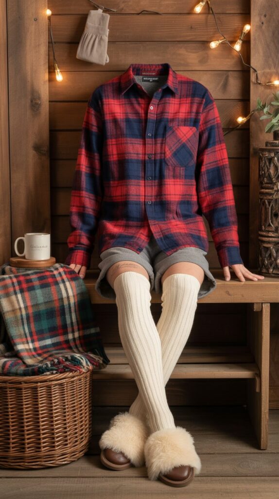 27 Stylish Self Care Sunday Outfits for Every Occasion 9 Flannel Shirt and Shorts