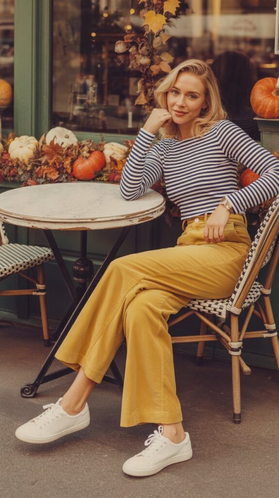 30 Best Casual Fall Outfits for Women 2025 12 Corduroy Pants with Striped Top and Sneakers