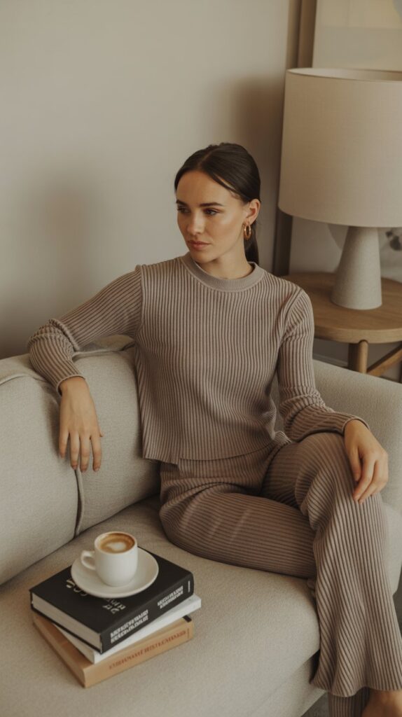 33 Chic Self Care Sunday Outfit Ideas to Dress to Impress 16 Ribbed Knit Set in Neutral Tones