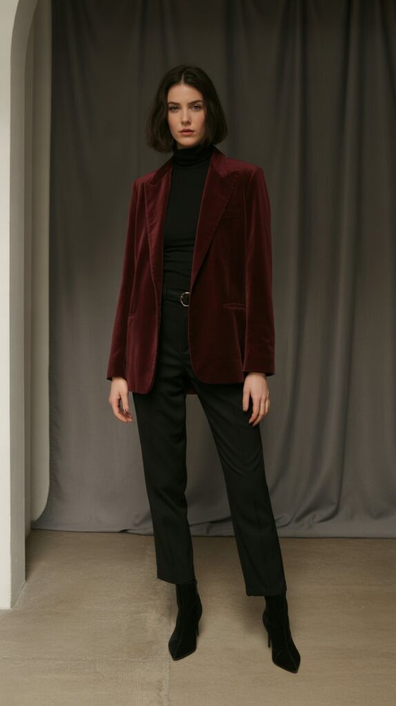 28 Classy Winter Outfits for Women for an Elegant Cold-Weather Look 10 Burgundy Blazer with Black Turtleneck