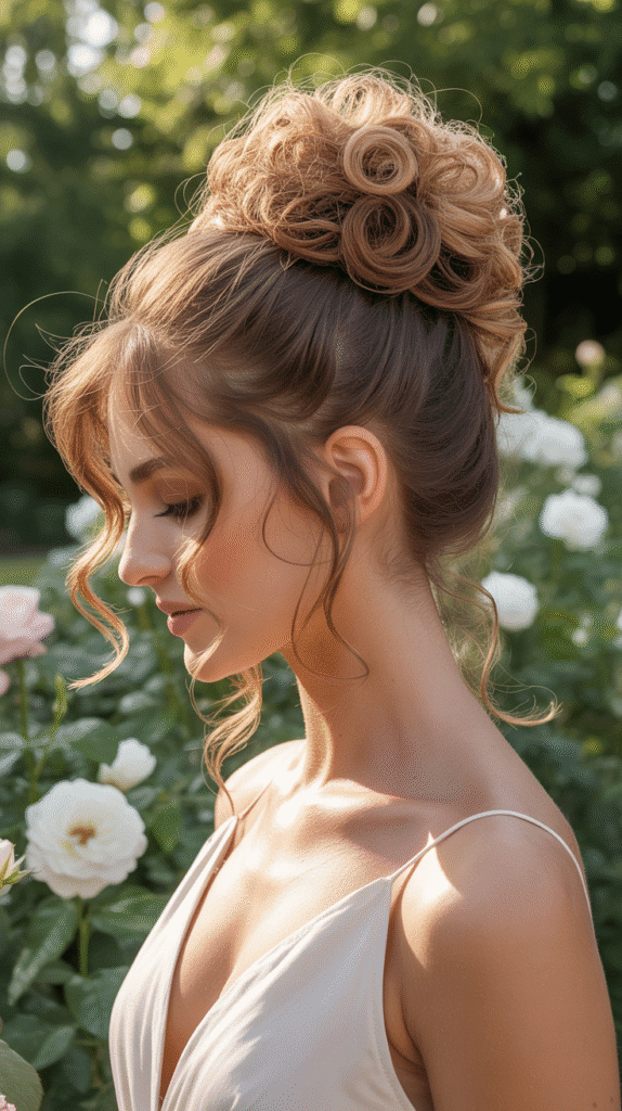 Best 33+ Updo Wedding Hairstyles for Curly Hair 8 Curly Topknot with Loose Base