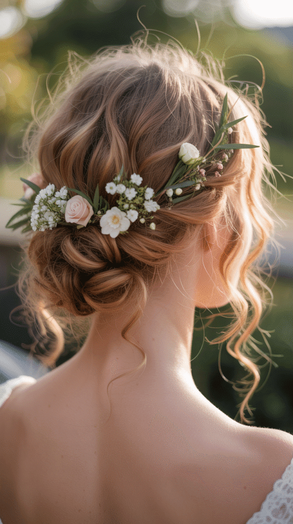 Best 30+ Wedding Hairstyles for Long Curly Hair 34 Loose Curly Chignon with Flowers