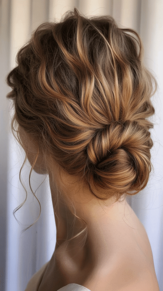 Best 30+ Wedding Hairstyles for Long Curly Hair 28 Twisted Low Bun with Curl Tendrils