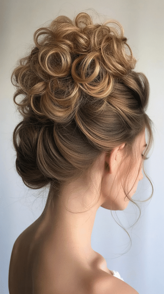 Best 33+ Updo Wedding Hairstyles for Curly Hair 23 Half-Up Curly Crown with Low Bun