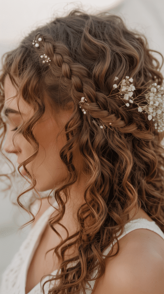 Best 30+ Wedding Hairstyles for Long Curly Hair 25 Accent Braid with Flowing Curls