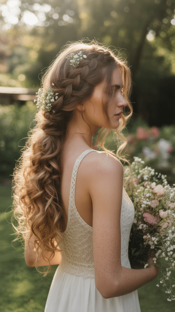 Best 30+ Wedding Hairstyles for Long Curly Hair 16 Side Braid with Cascading Curls
