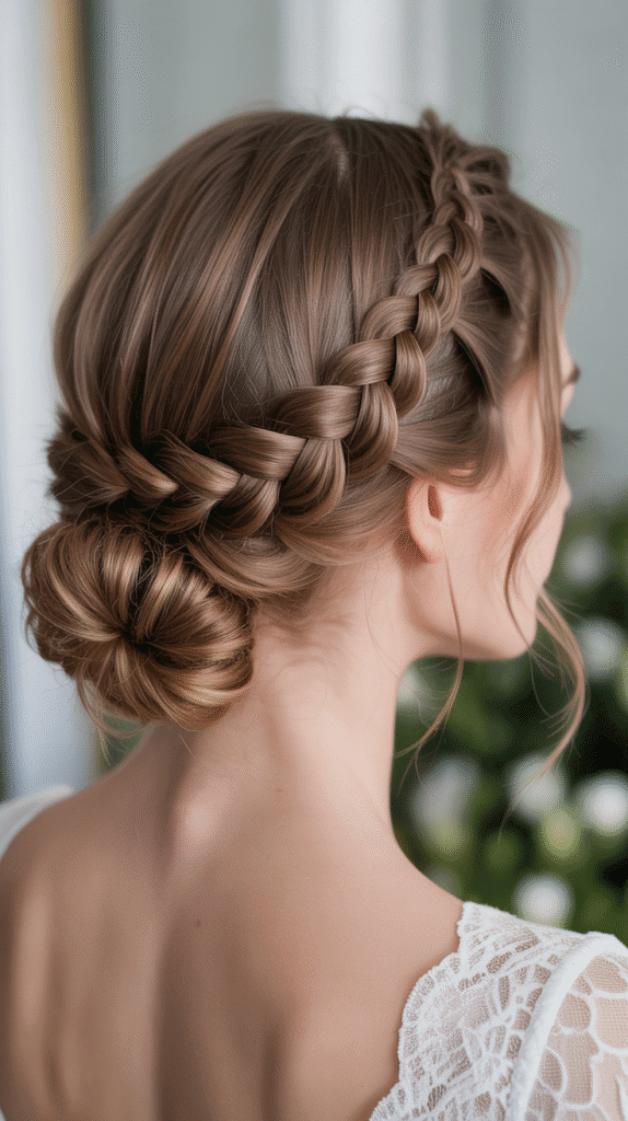 Curly Braided Crown with Low Bun