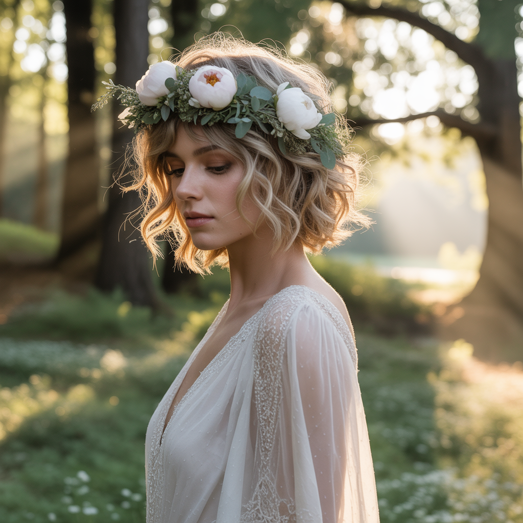 Tousled Pixie with Flower Crown