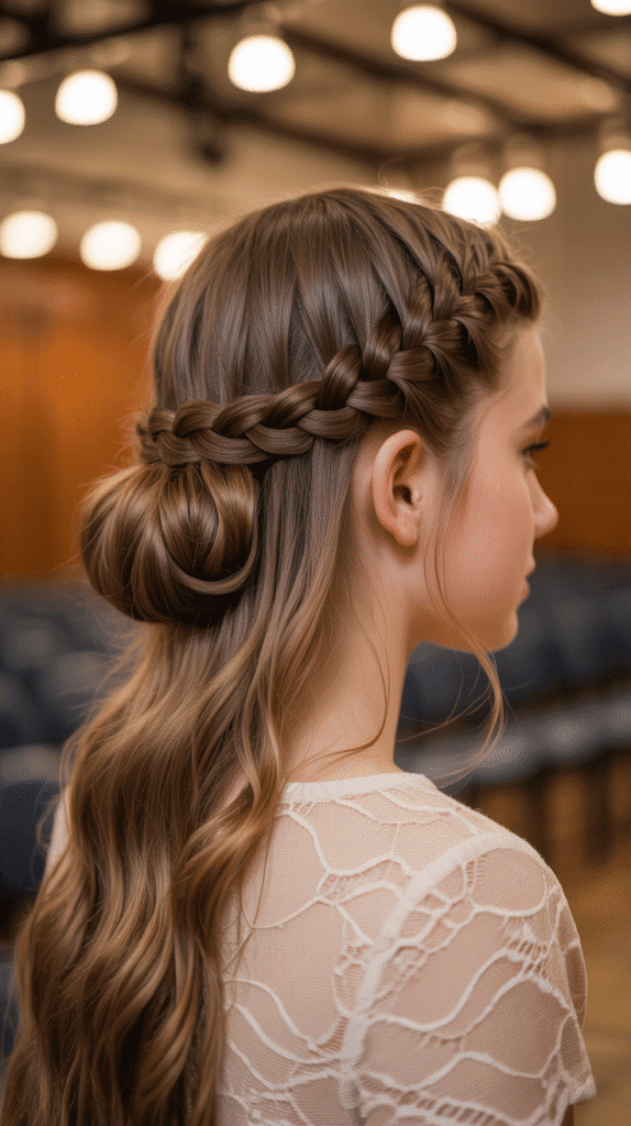27 Elegant Cute Winter Updo Hairstyles for School 18 Waterfall Braid into Low Bun