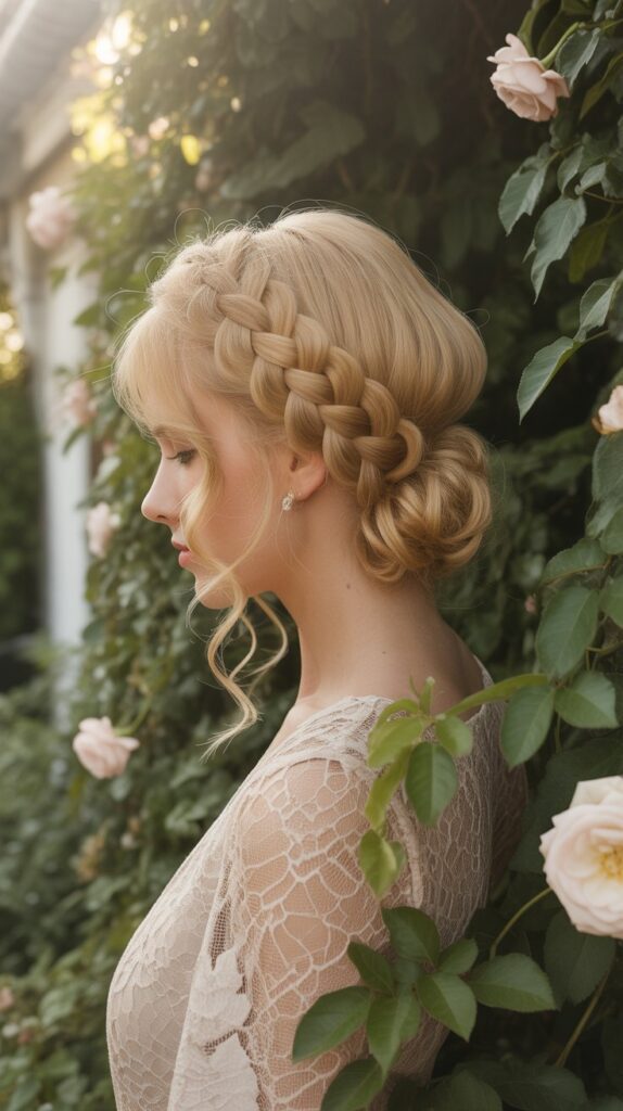 30+ Romantic Bridesmaid Updo Hairstyles with Braid 9 Romantic Halo Braid with Low Bun