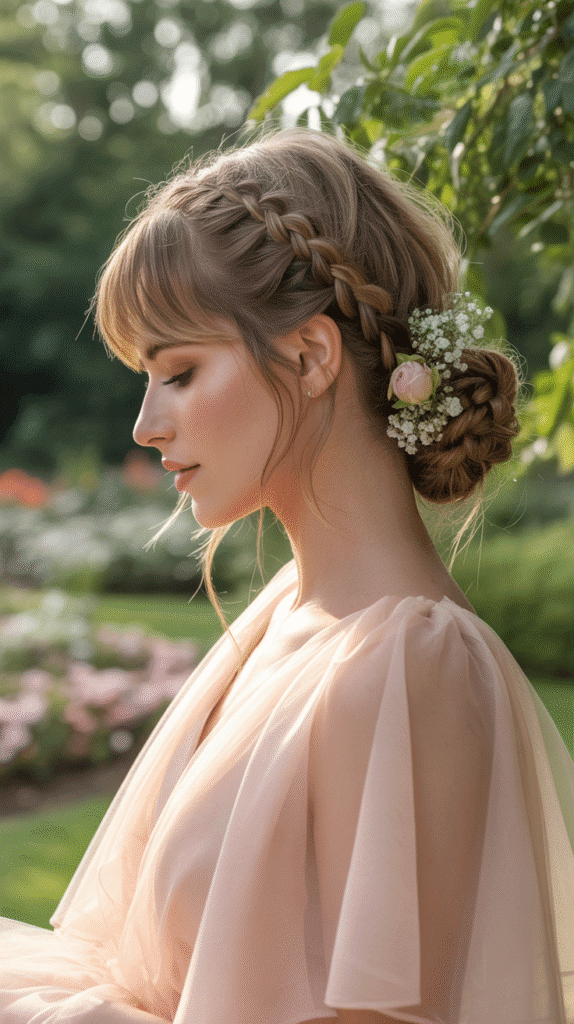 30+ Classy Bridesmaid Updo Hairstyles with Bangs 23 Braided Bun with Curtain Bangs