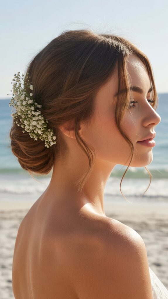 30+ Stunning Beach Wedding Hairstyles That Will Make Waves 3 Low Messy Bun With Textured Details