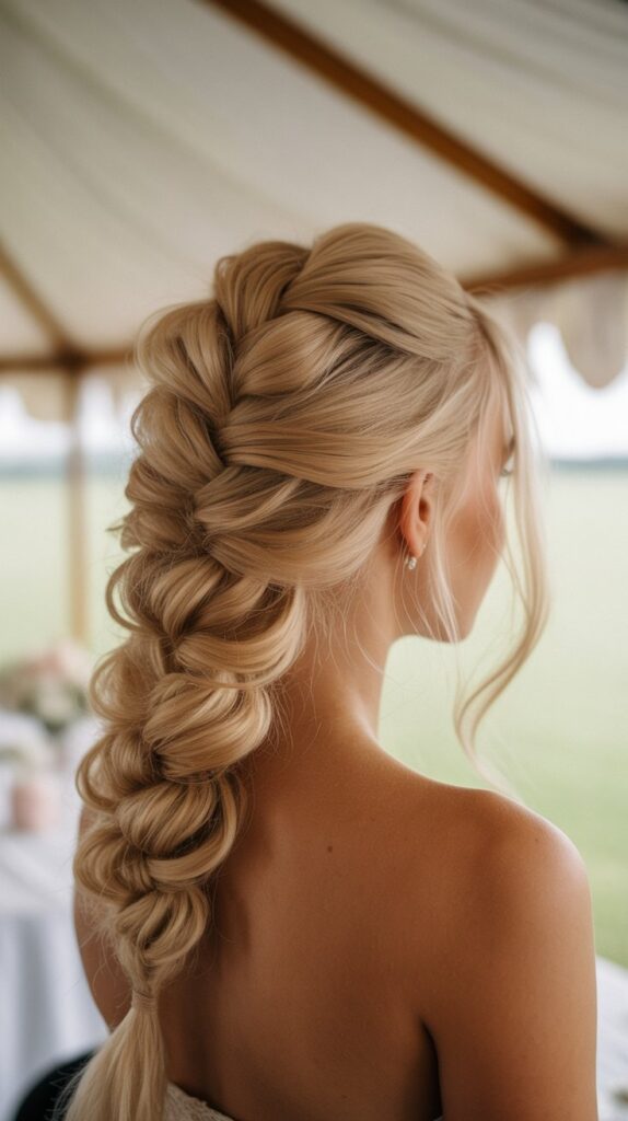 30+ Romantic Bridesmaid Updo Hairstyles with Braid 19 Pull-Through Braid Updo