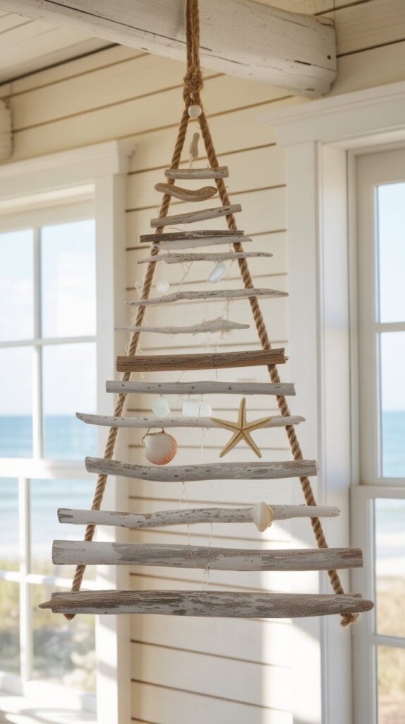 Best 30 Beautiful Wooden Christmas Trees to Try This Year 15 5. Driftwood and Rope Hanging Tree