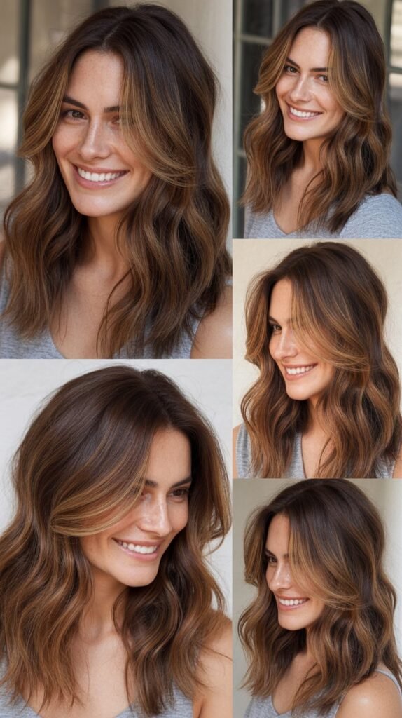 Caramel Highlights on Brown Waves with Dimension at Crown