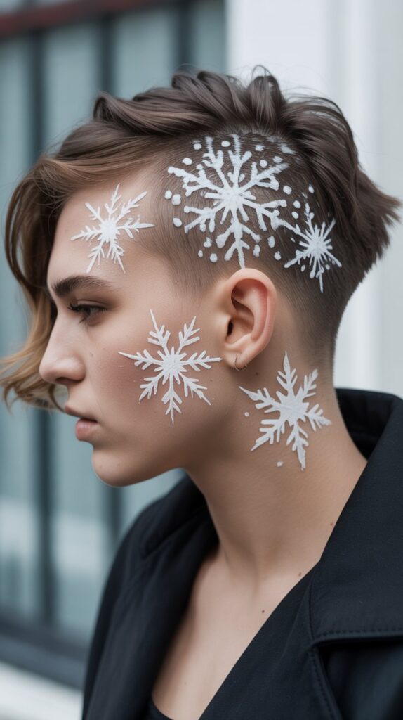 27 Stunning Christmas Tree Hairstyles to Shine Bright at Any Party 25 Snowflake-Painted Scalp Art