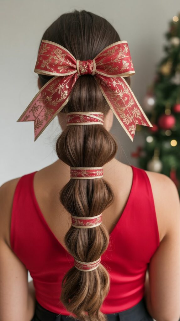 27 Stunning Christmas Tree Hairstyles to Shine Bright at Any Party 12 Wrapped Gift Bow Ponytail