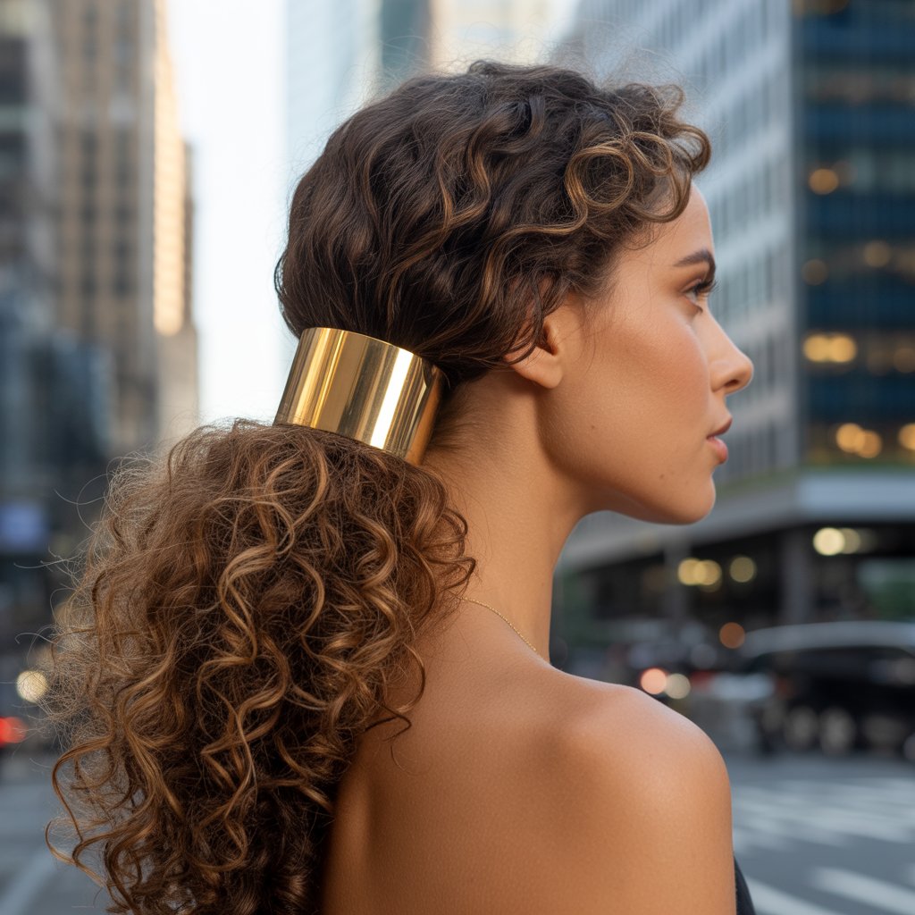 33 Modern Half Up Half Down Curly Hair Ideas That Will Turn Heads on Any Occasion 24 Metallic Cuff Half Up