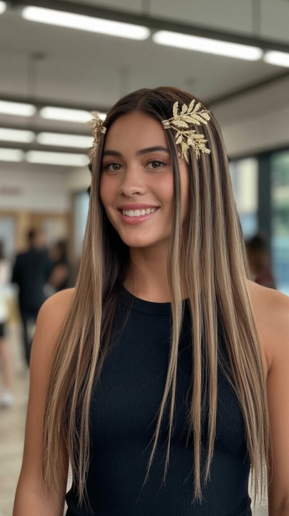 Straight Hair with Gold Leaf Accents