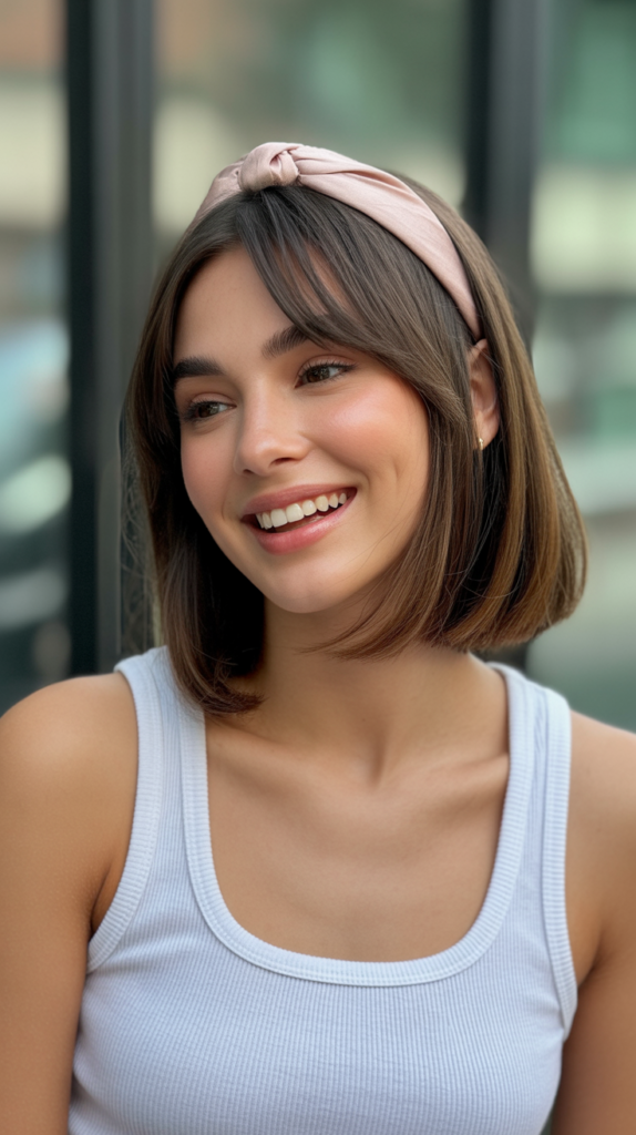 Long Bob with Curtain Bangs Styled with Headband