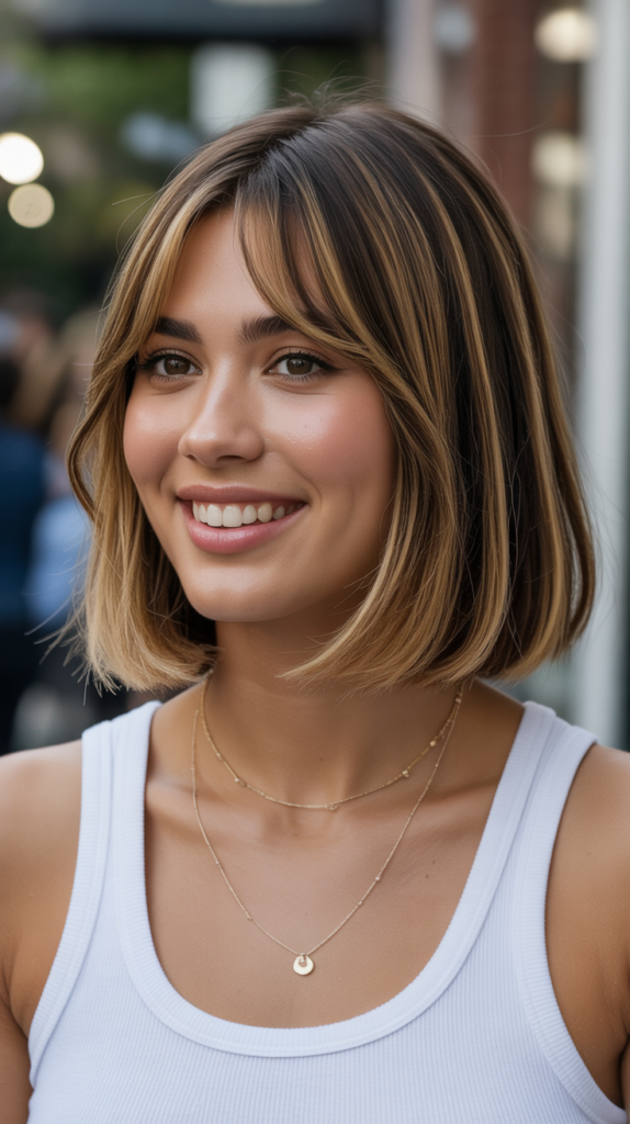  Long Bob with Curtain Bangs and Wet-Look Styling