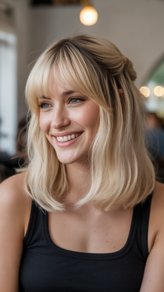 Long Bob with Curtain Bangs and Half-Up Styling