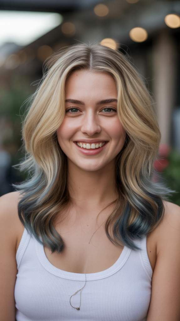 Wheat Blonde with Midnight Blue Lowlights