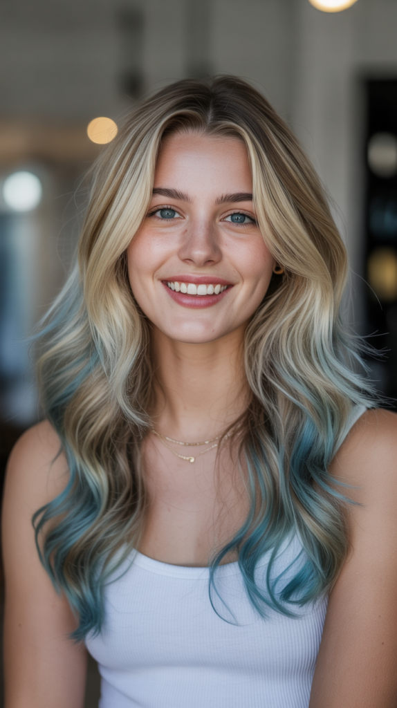 Sandy Blonde with Ocean Blue Balayage Tips