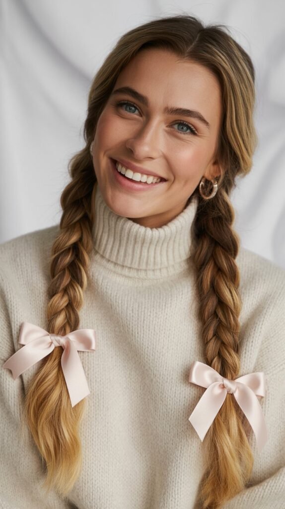 French Braid Pigtails with Ribbon Bows