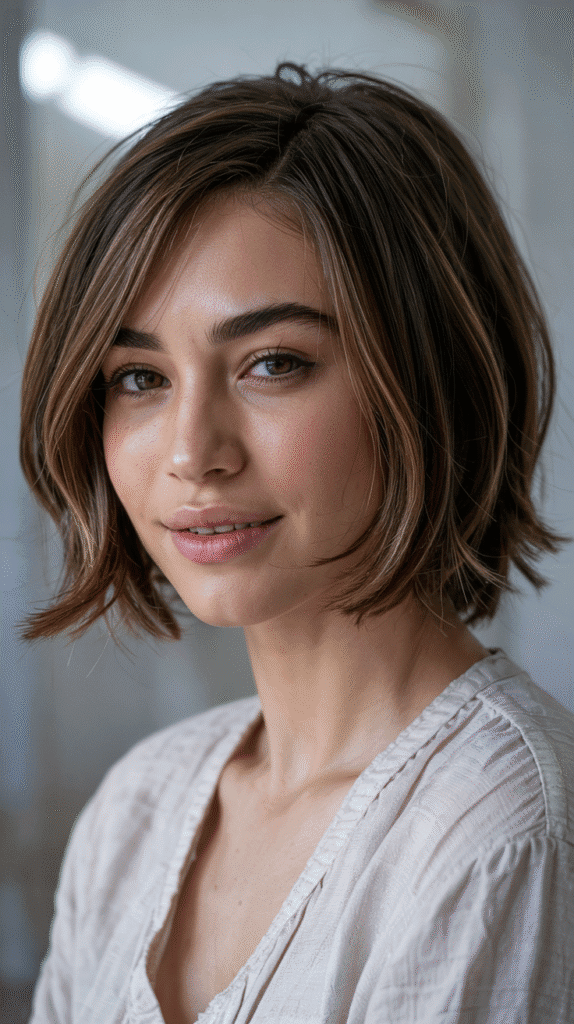 Choppy Bob with Face-Framing Layers and Side Bangs