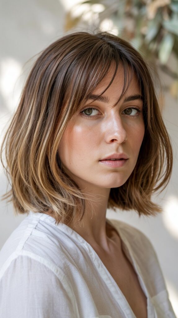 30 Stunning Long Bob with Layers and Curtain Bangs 8 Long Bob with V-Cut Layers and Curtain Bangs