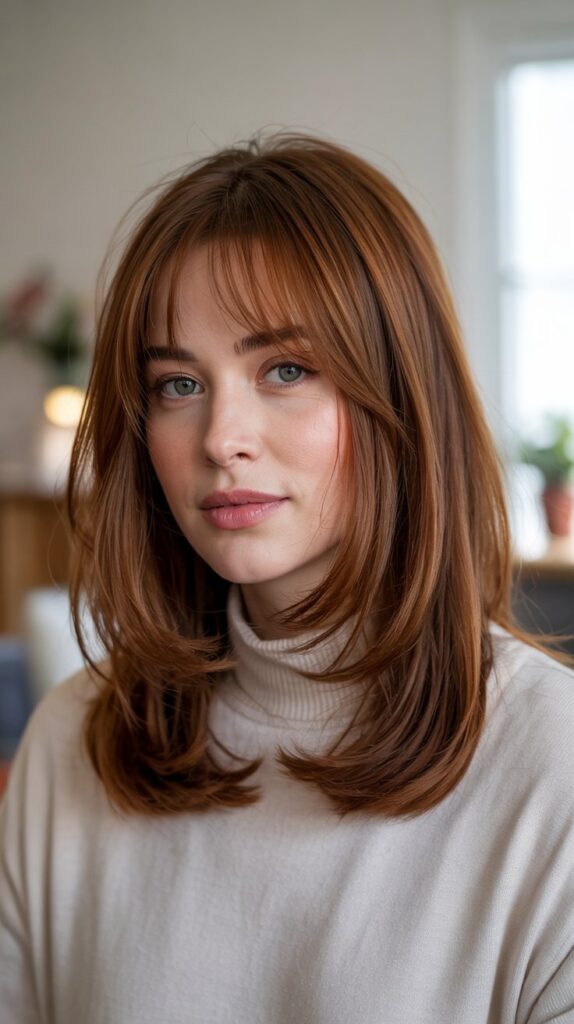30 Stunning Long Bob with Layers and Curtain Bangs 1 Classic Layered Long Bob with Face-Framing Curtain Bangs