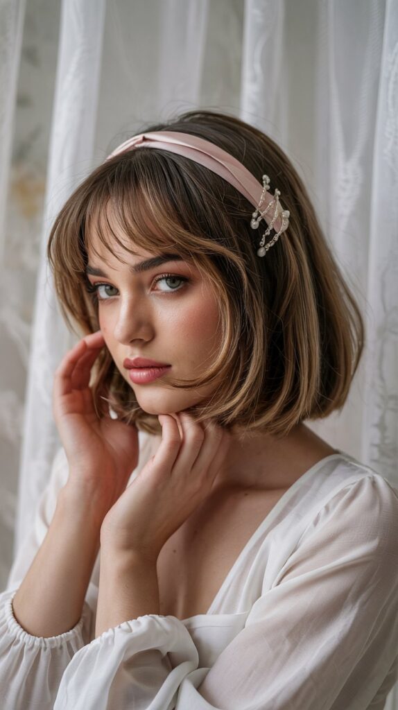 Long Bob with Curtain Bangs and Ribbon or Accessories