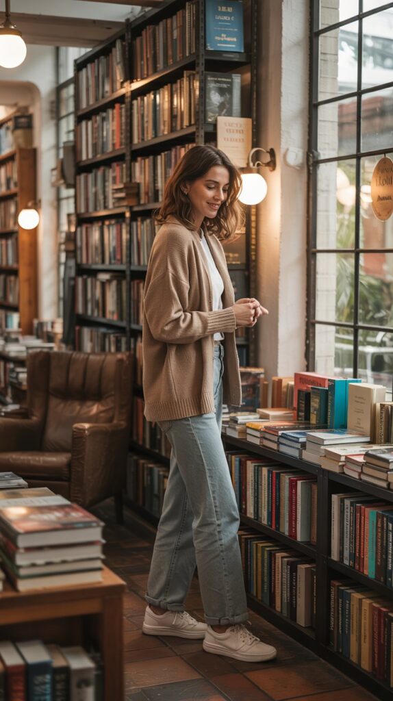 32 Casual Night-Out Fall Outfits for Women 6 Cardigan Set with Straight-Leg Jeans