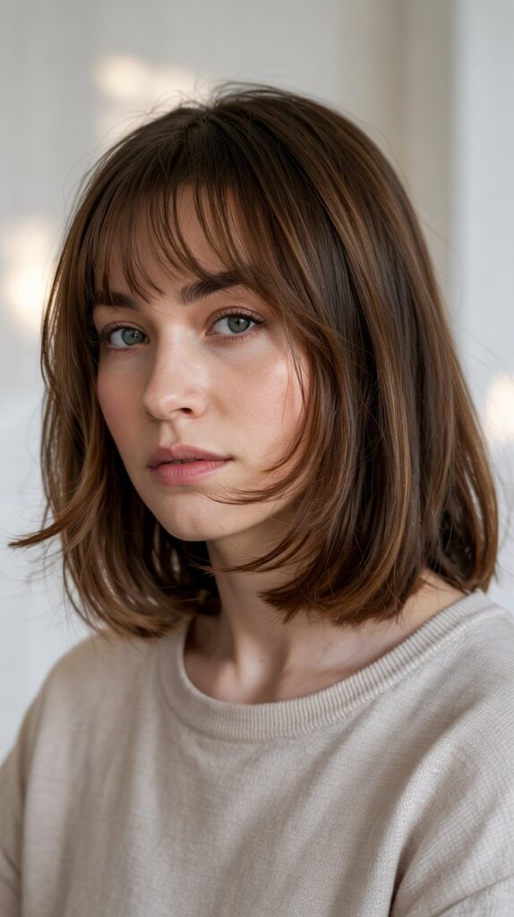 30 Stunning Long Bob with Layers and Curtain Bangs 3 Blunt Long Bob with Subtle Layers and Soft Curtain Bangs