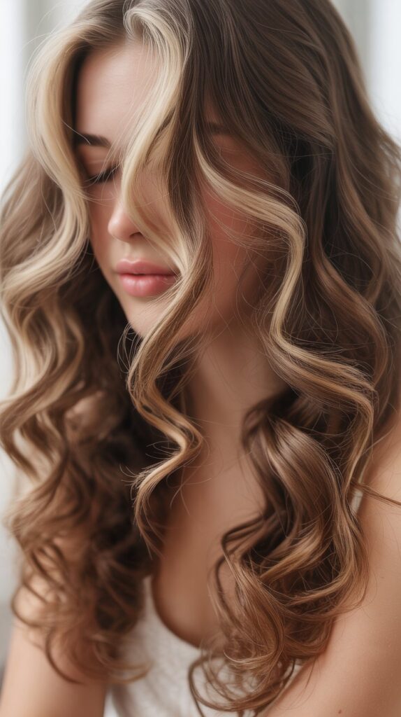 34 Trendy Brunette Balayage Hairstyles with a Money Piece 14 . Cocoa Brown with Vanilla Blonde Money Piece