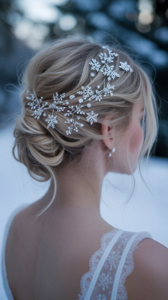 27 Stunning Christmas Tree Hairstyles to Shine Bright at Any Party 11 Snowflake Pin Scattered Updo