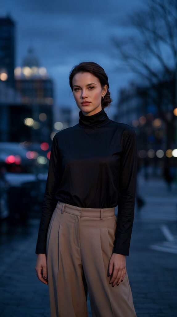 32 Casual Night-Out Fall Outfits for Women 5 Turtleneck with Wide-Leg Trousers