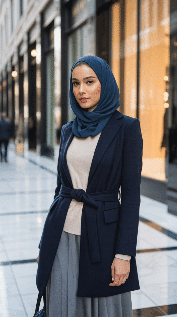 25 Modest Winter Outfits for Women with Hijab That Stay Fashionable 24 Belted Wool Wrap Coat Over Sweater and Skirt