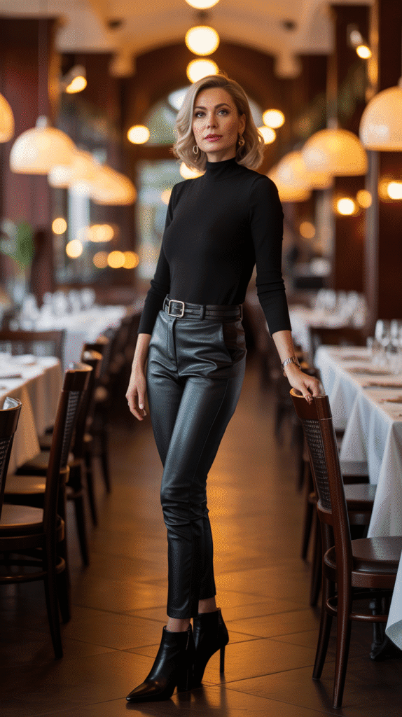 30 Stylish Casual Fall Outfits for Women Over 40 18 Mock Neck Top with Leather Pants