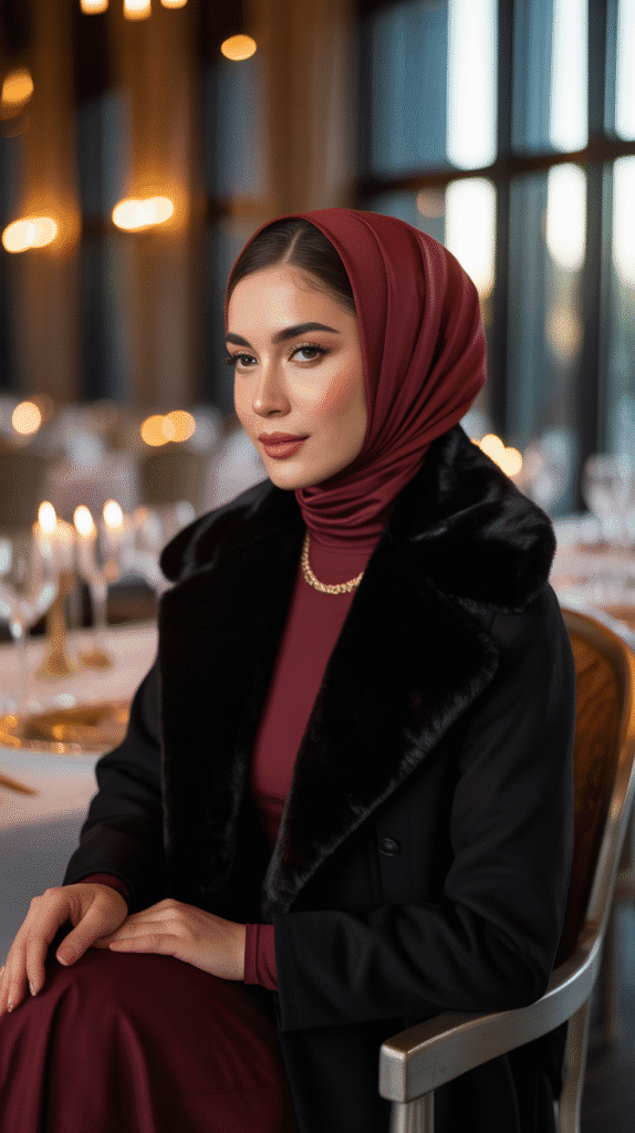 25 Modest Winter Outfits for Women with Hijab That Stay Fashionable 19 Faux Fur Collar Coat Over Turtleneck Dress