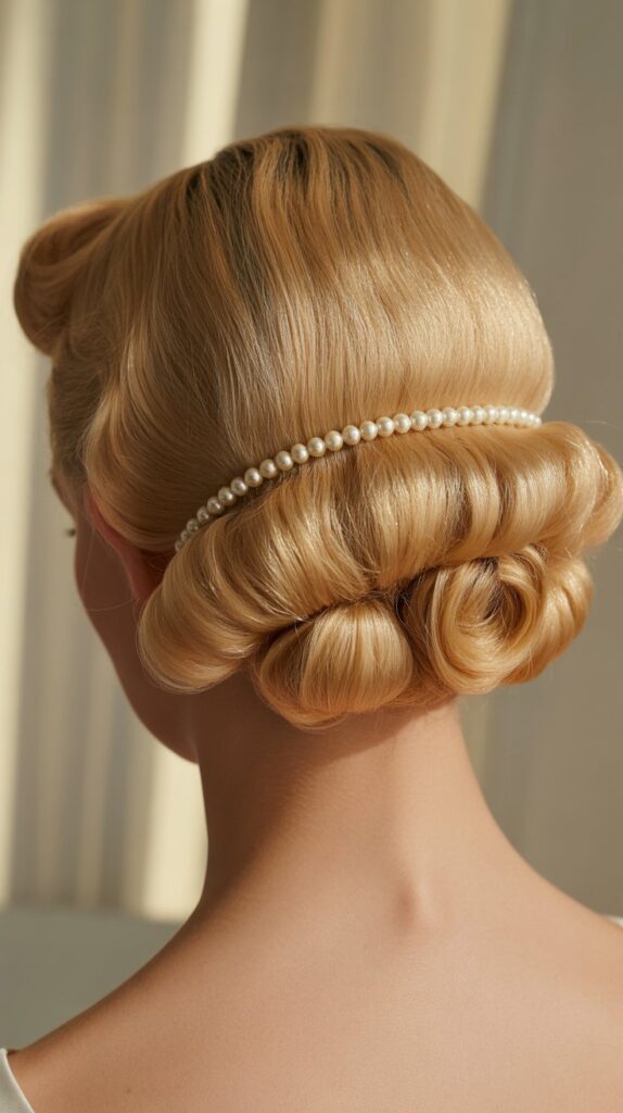 27 Greasy Hair Hairstyles with a Headband 20 Rolled Updo with Pearl Headband