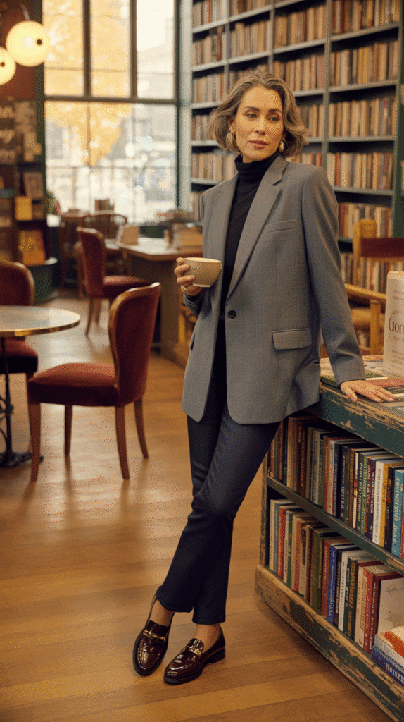 30 Stylish Casual Fall Outfits for Women Over 40 28 Flannel Blazer with Turtleneck and Jeans