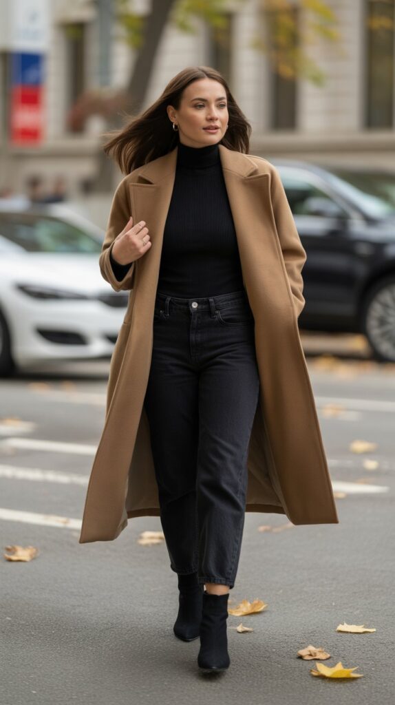 28 Classy Winter Outfits for Women for an Elegant Cold-Weather Look 1 The Camel Coat and Black Turtleneck Ensemble