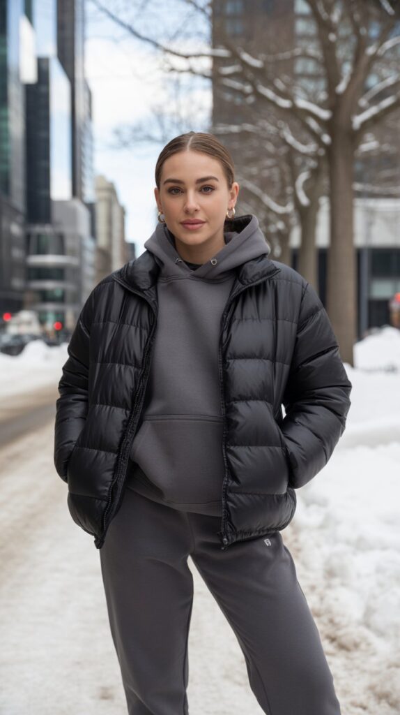 40 Winter Outfit Ideas for Women to Stay Warm and Stylish 3 Puffer Jacket with Hoodie and Joggers